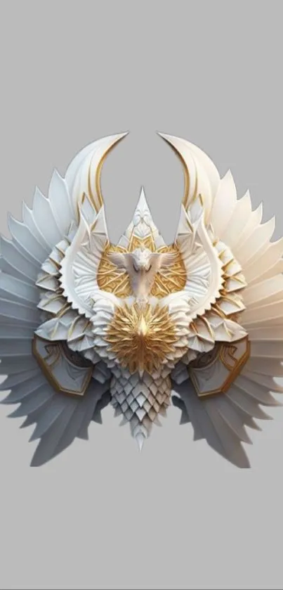 Gold-accented ornamental wing sculpture on gray background.