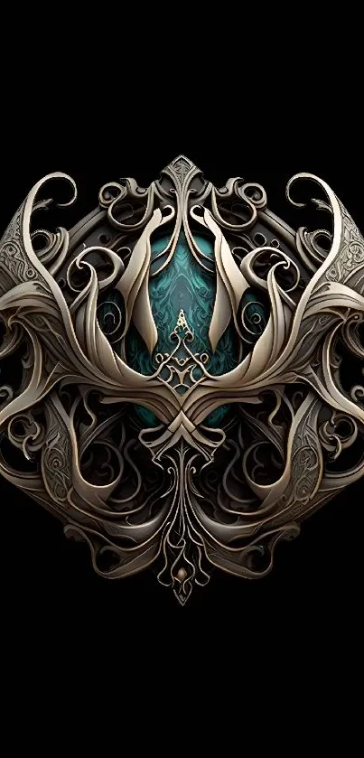 Intricate ornamental digital art wallpaper with teal highlights on a black background.