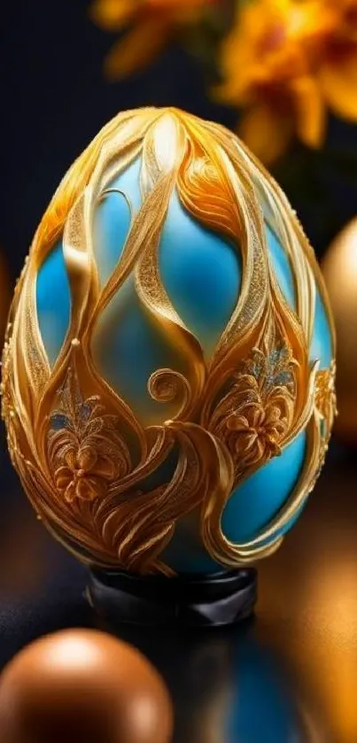 Intricate blue and gold ornamental egg with floral design on dark background.