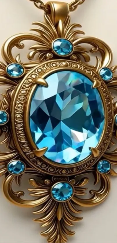 Ornate gold pendant with a blue gem on mobile wallpaper.