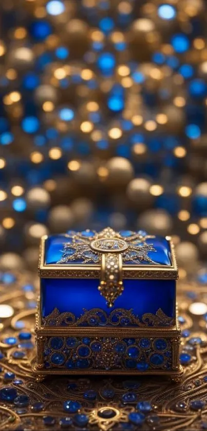Luxurious blue jewel box with gold accents.