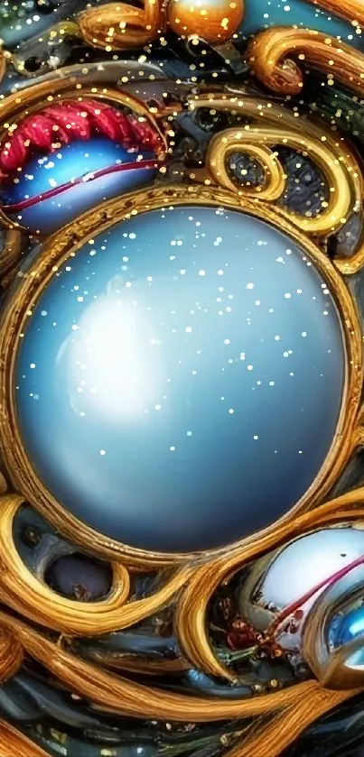 Blue marble with golden ornate design mobile wallpaper.