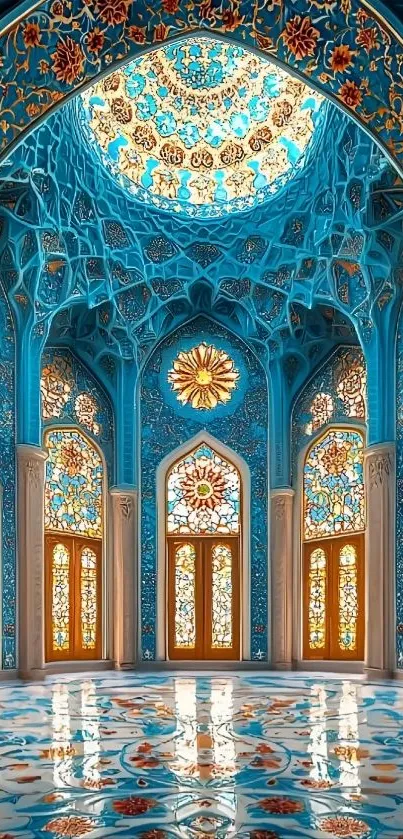 Ornate blue mosque interior with intricate patterns and stained glass windows.