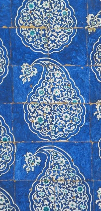 Ornate blue wallpaper pattern with intricate white designs.
