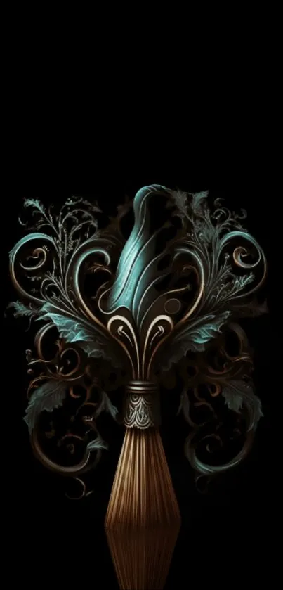 Artistic wallpaper with ornate brush design and turquoise details on dark background.