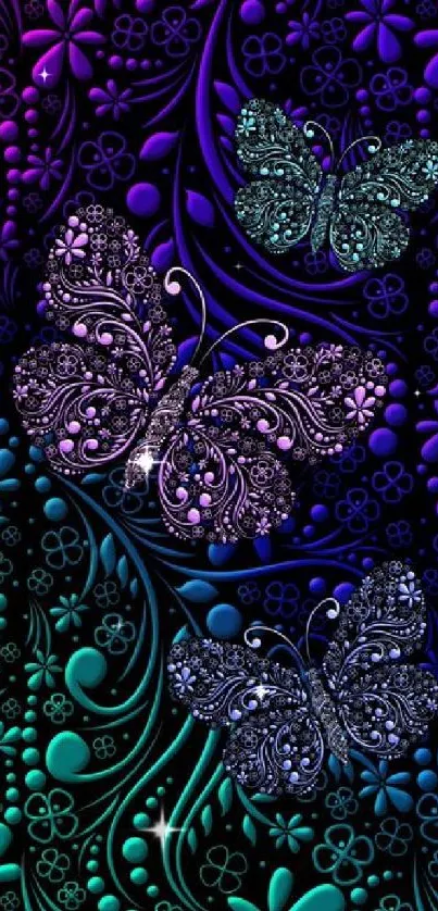 Ornate butterflies glow on dark floral background.