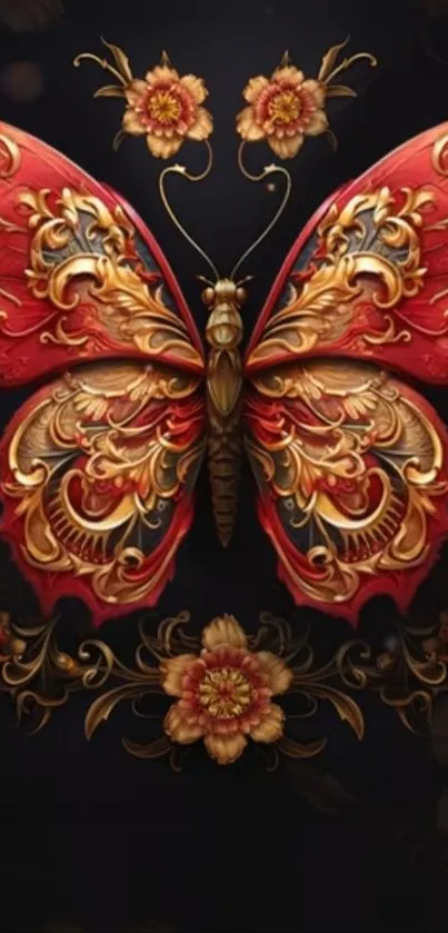 Intricate red and gold butterfly art wallpaper with floral patterns.
