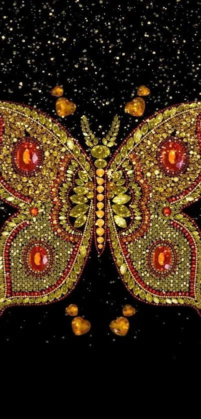 Gold and red jeweled butterfly on black.