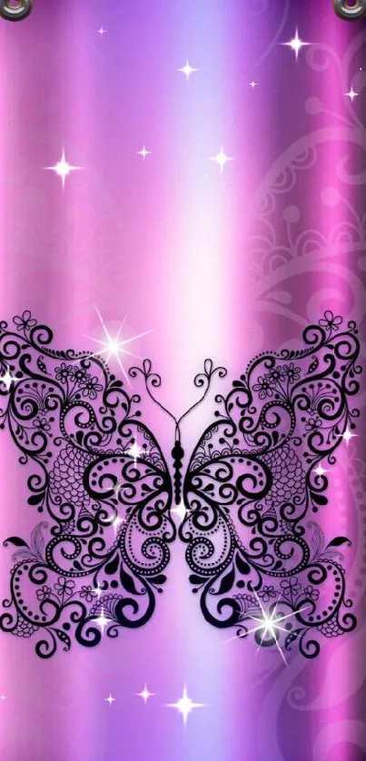 Detailed black butterfly on violet and pink ornate phone wallpaper.