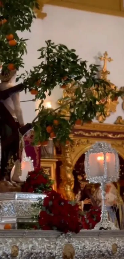 Ornate ceremony scene with candles and greenery.