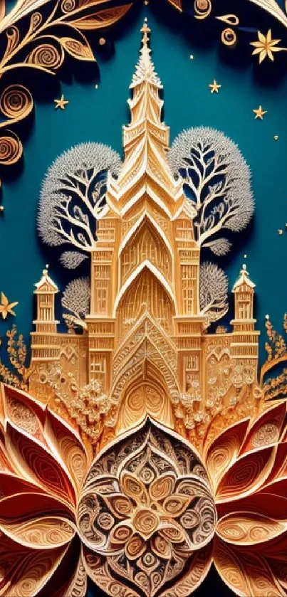 Ornate castle with gold design on teal background in artistic wallpaper.