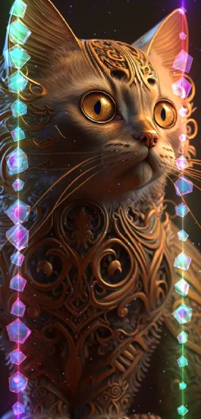 Intricate fantasy cat art with glowing eyes