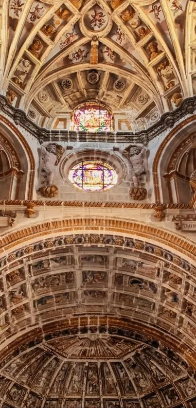 Ornate ceiling with stained glass window background.