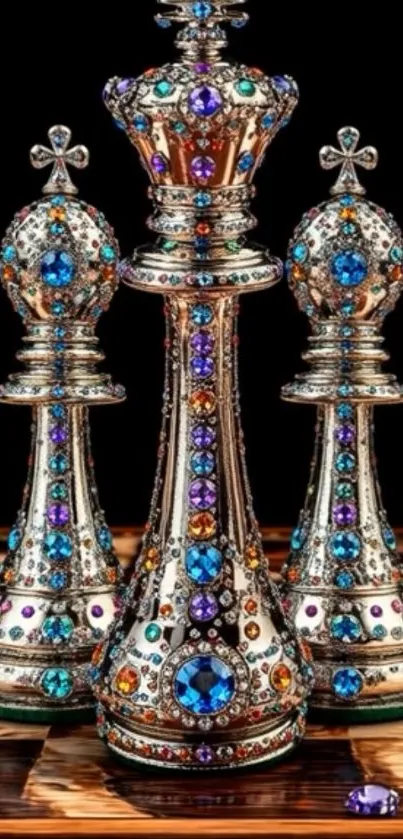 Jeweled chess pieces in ornate design.