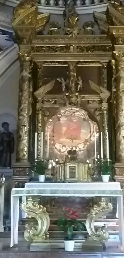 Ornate gold church altar with intricate carvings.