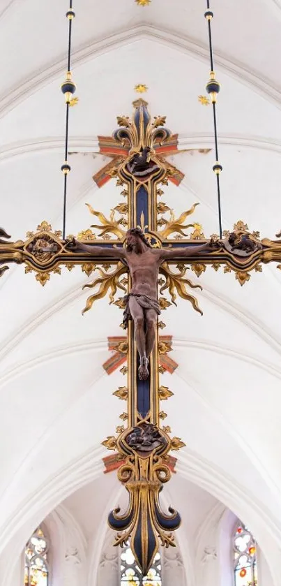 Ornate crucifix in gothic cathedral interior, spiritual and historic.