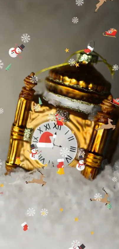 Ornate gold clock ornament in snow setting.