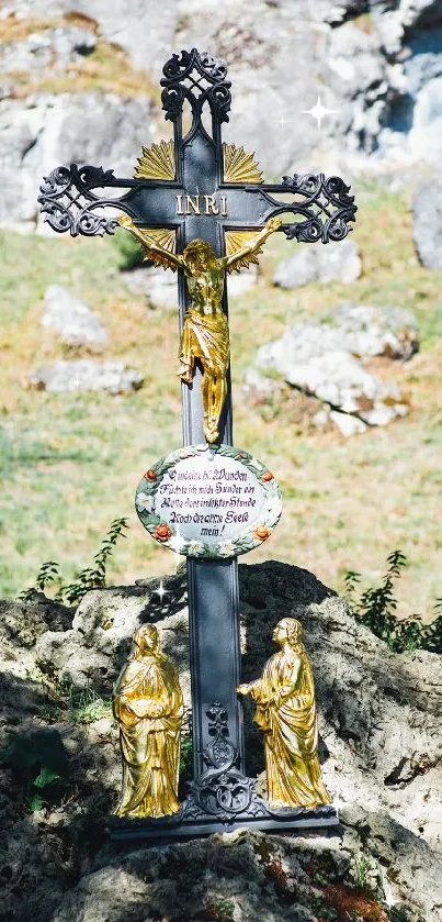 Ornate cross with golden details in a sunlit nature setting.