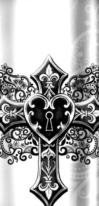 Grayscale ornate cross with floral designs on black and white background.