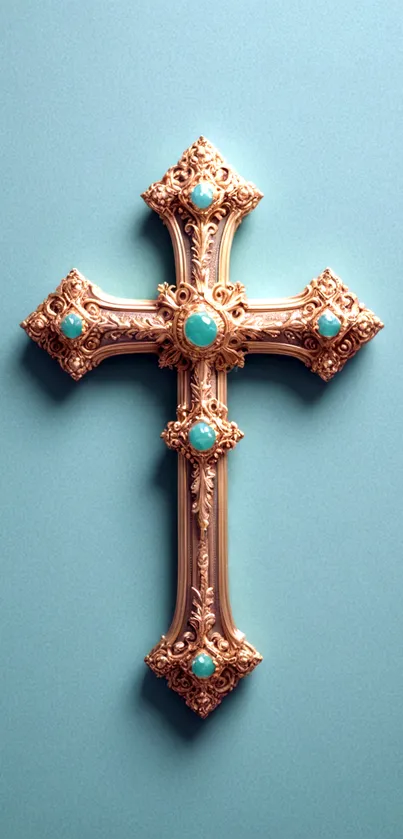 Intricate ornamental cross on teal background wallpaper.