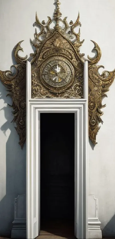 Ornate golden doorway with intricate design against a light wall.