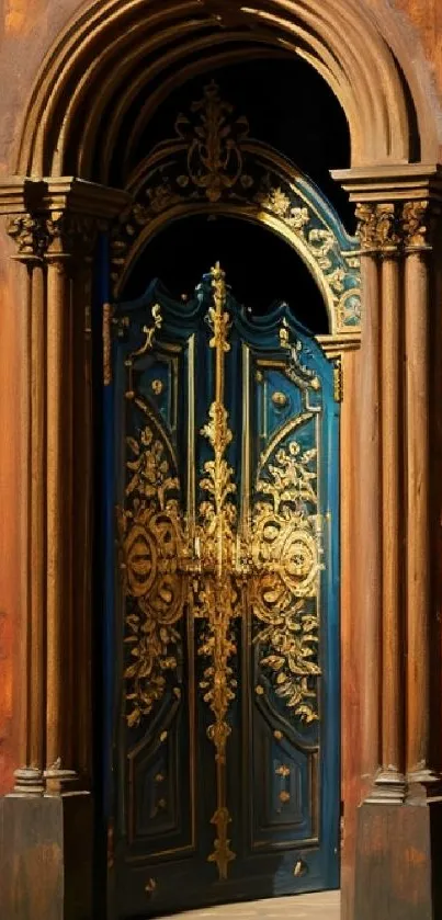 Intricately designed golden and blue door in a reddish brown wall.