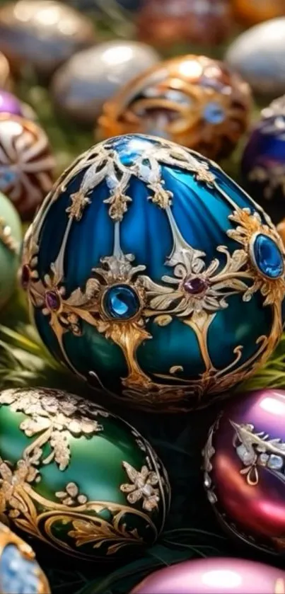 Intricately decorated ornate Easter eggs on grass.