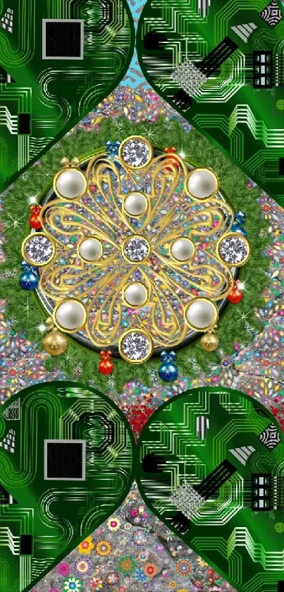 Intricate wallpaper with green circuitry and ornate jewelry design.