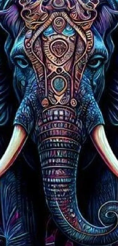 Ornate, colorful elephant art wallpaper with blue and purple hues.