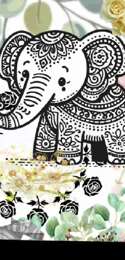 Ornately designed elephant with flowers, black and white, charming nature theme.