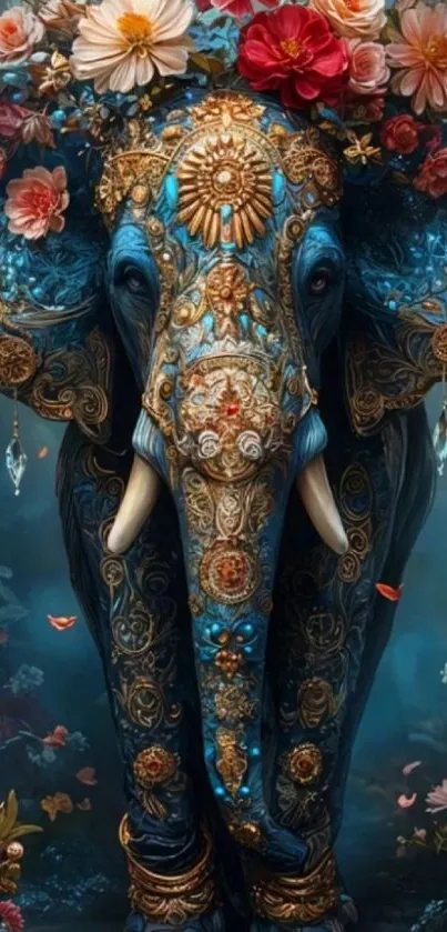 Intricate blue elephant adorned with flowers.