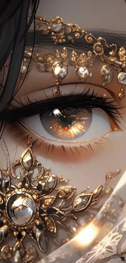 Close-up of an eye with ornate gold patterns and jewels, perfect for mobile wallpaper.