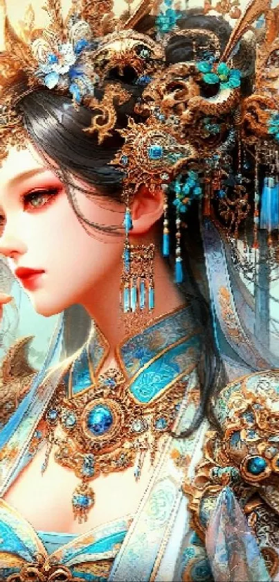 Fantasy art wallpaper of a regal figure with blue and gold ornaments.