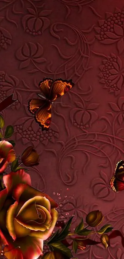 Dark red wallpaper with roses and butterflies.