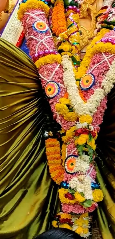 Colorful floral garland elegantly arranged on a traditional idol.