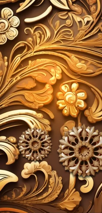 Ornate gold floral wallpaper with intricate patterns on a brown background.