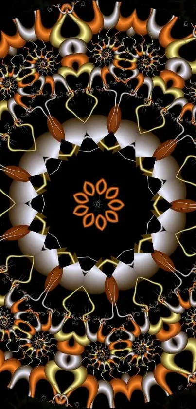 Intricate fractal art in black and orange hues for mobile wallpaper.