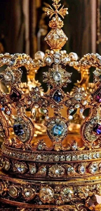 A luxurious ornate crown encrusted with gems sitting elegantly.