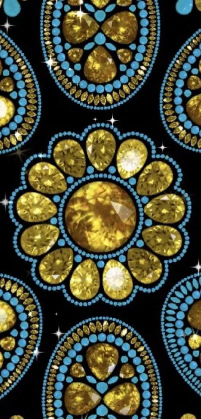 Ornate gold and turquoise gemstone patterned wallpaper.