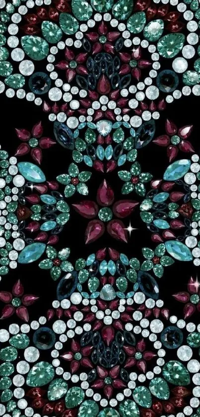 Ornate gemstone pattern wallpaper with black background, featuring vibrant colors.