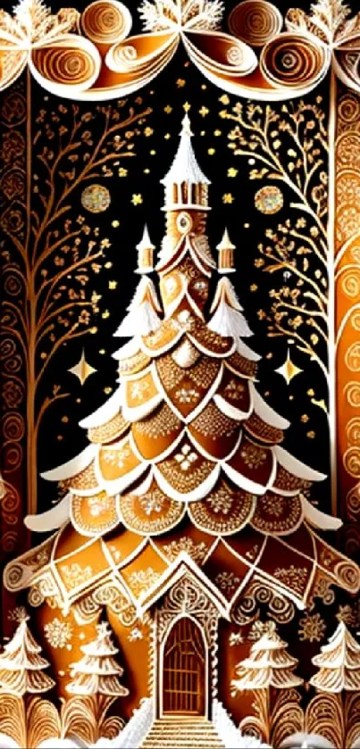 Elegant gingerbread house with intricate holiday designs in warm tones.