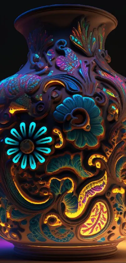 Intricately designed glowing vase with floral patterns on dark background.