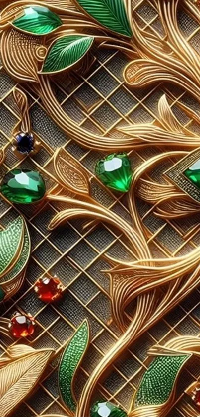 Ornate gold and green gemstone wallpaper design.