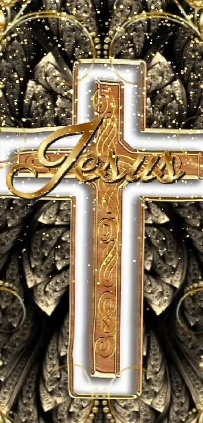 Ornate gold cross with intricate background pattern.