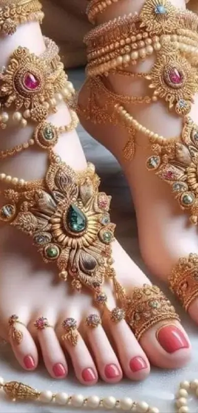 Intricate gold foot jewelry on display with gems and detailed craftsmanship.