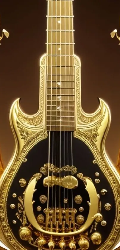 Ornate gold guitar design with intricate details.