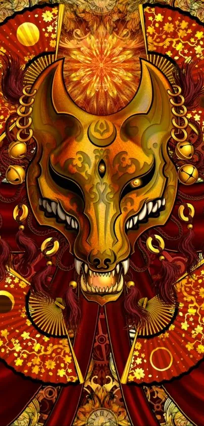 Ornate gold mask with red and gold patterns on mobile wallpaper.