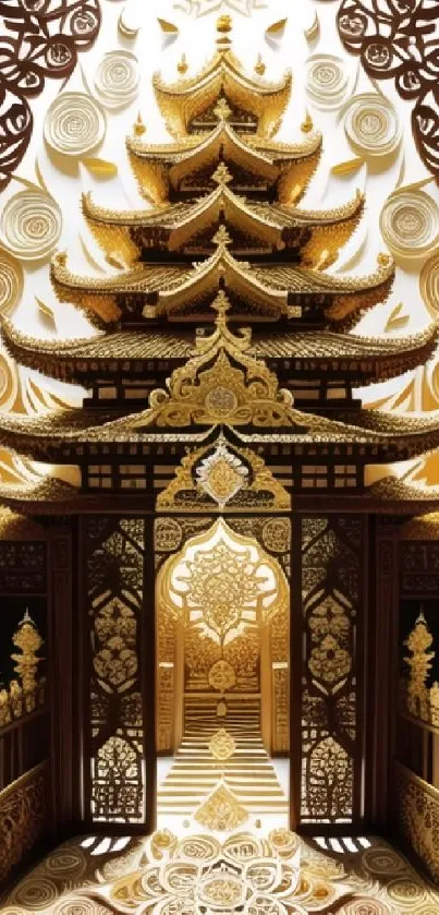 Golden pagoda with ornate designs in a mobile wallpaper.