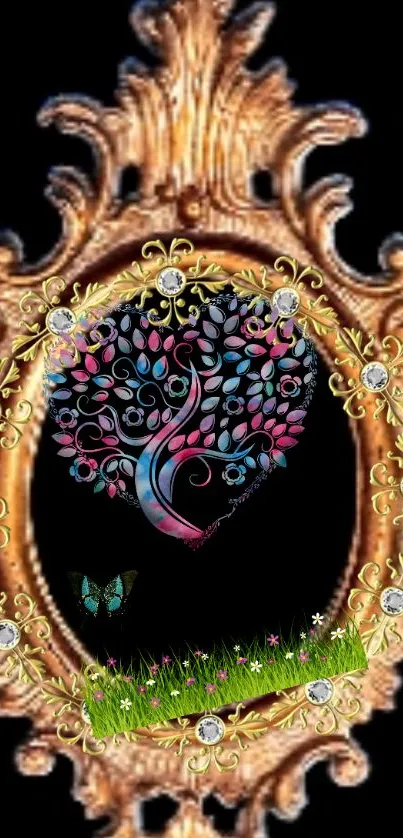 Ornate golden frame with vibrant heart design on black background.