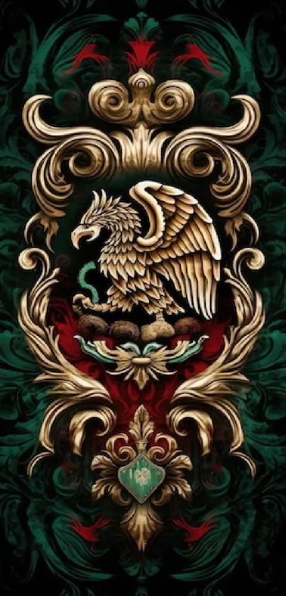 Golden griffin on an ornate dark wallpaper design.